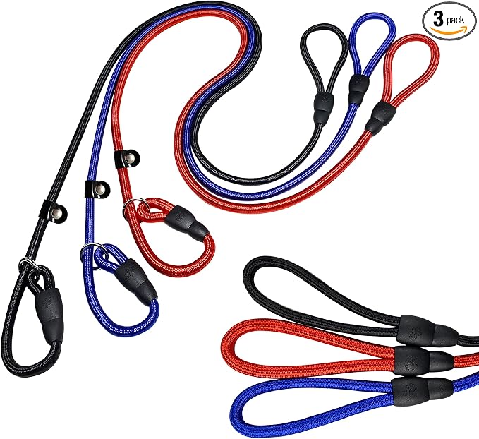 FOVRLZSE Upgraded Dog Slip Lead (3-Pack) Adjustable Nylon Lead for Dogs (Red/Black/Blue), Training Aid, Eco-Friendly Cotton Lining, Integrated Plastic Buckle,