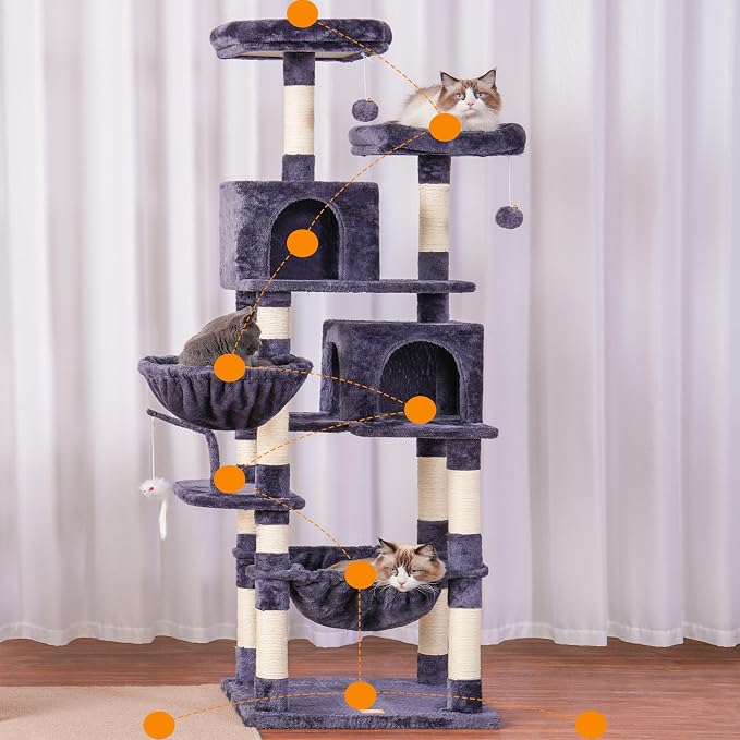Heybly Cat Tree, 70 inches Tall Cat Tower condo with Toy for Indoor Large Cats, Cat House Furniture with Padded Plush Perch, Cozy Hammock and Sisal Scratching Posts,Smoky Gray HCT032G