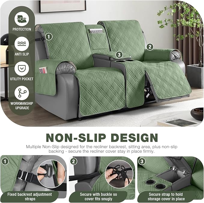 TAOCOCO Waterproof Loveseat Recliner Cover with Console, Non-Slip Reclining Loveseat with Console Cover with Pocket, Split Recliner Sofa Covers Furniture Protector for Pets Dogs(2 Seater, Bean Green)