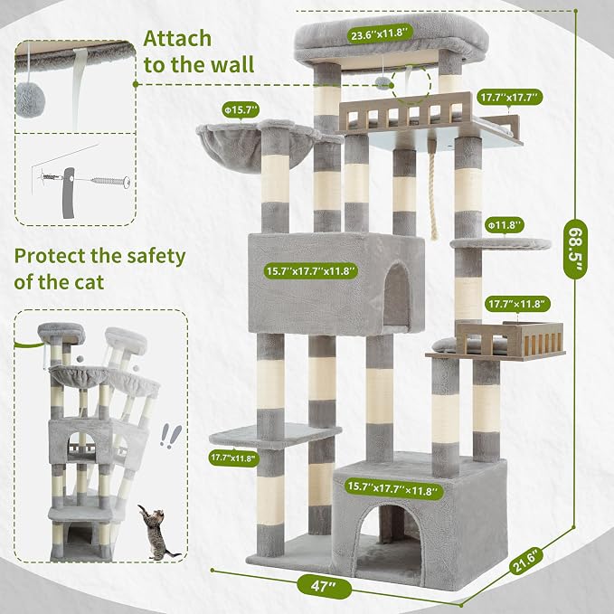 Gitelsnour Maine Coon Cat Tree, Heavy Duty Cat Tree for Indoor Cats Large Adult, Cat Tower for Large Cats 20 lbs+ with Hammock, 2 Big Perches, 2 Cat Condos, 15 Scratching Posts, Light Gray GCT033W