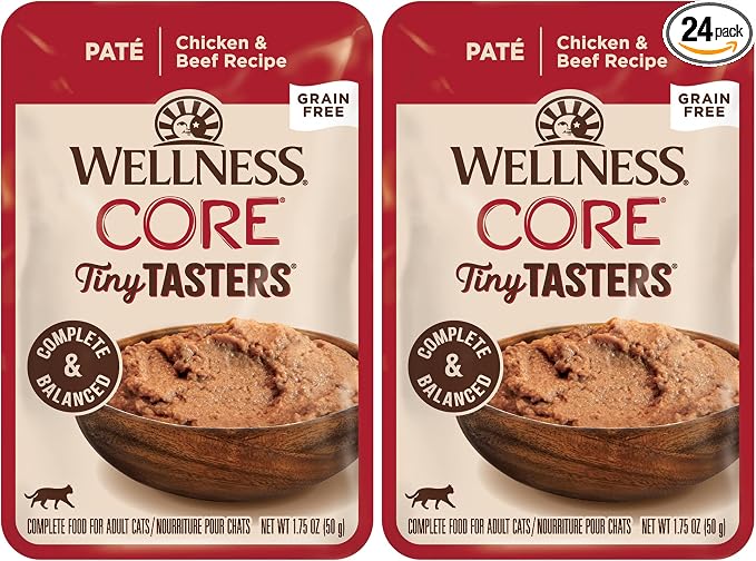 Wellness CORE Tiny Tasters Pate Adult Wet Cat Food,Natural,Protein-Rich,Grain Free,1.75 Ounce Pouch (Chicken & Beef),(Pack of 24)