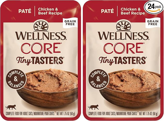 Wellness CORE Tiny Tasters Pate Adult Wet Cat Food,Natural,Protein-Rich,Grain Free,1.75 Ounce Pouch (Chicken & Beef),(Pack of 24)