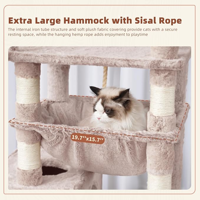 Gitelsnour Cat Tree, Cat Tower for Large Cats with 2 Big Platforms, 2 Baskets, condo and Toys, 63" Cat Scratching Posts for Indoor Cats, Muchroom GCT020MU