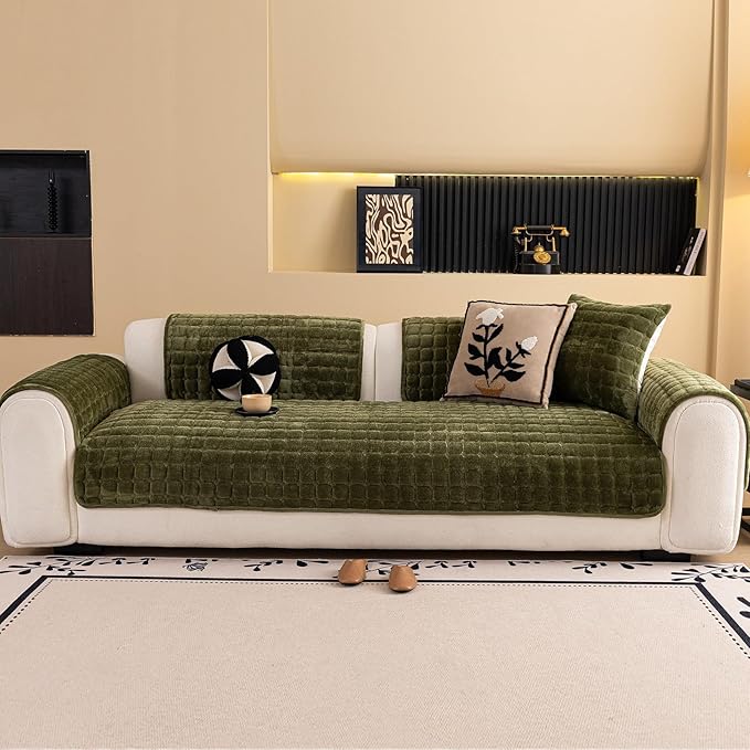 Velvet Couch Cover, Washable Sectional Sofa Cover, Anti Slip Sofa Slipcover for 3 Cushion Couch Sofa L Shaped Armrest Backrest, Furniture Protector Covers for Pets Kids(1PC,Green,36"×94")