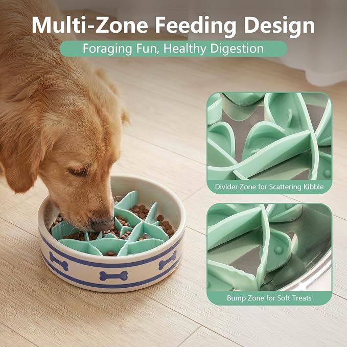 Silicone Dog Slow Feeder Bowl Insert with Suction Cups, Cuttable Food-Grade Lick Mat Divider Fits Stainless Steel Ceramic Glass Dog Bowls, Helps Slow Down Eating, Green