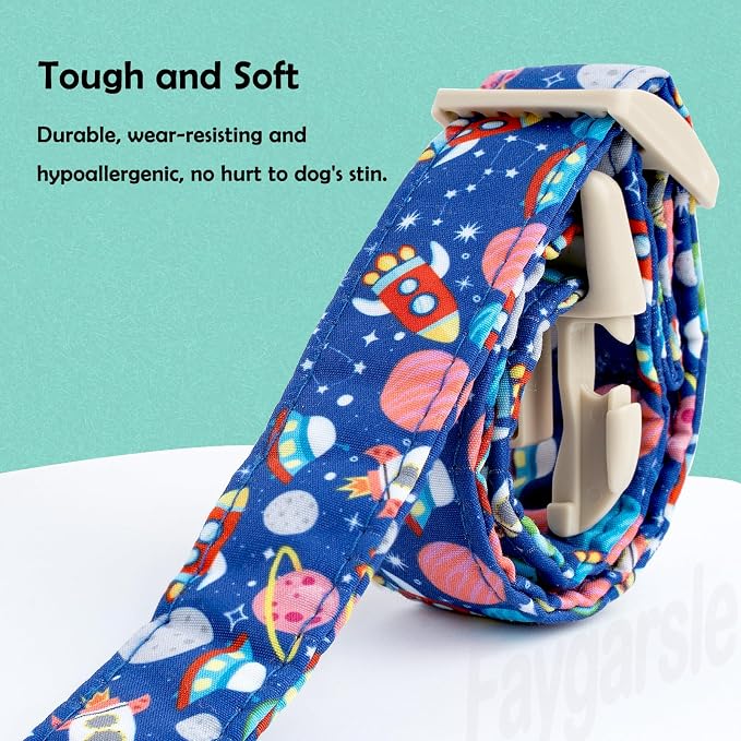 Faygarsle Space Theme Dog Collar, Navy Blue with Rockets and Planets Pattern for Summer Small Medium Large Dogs L