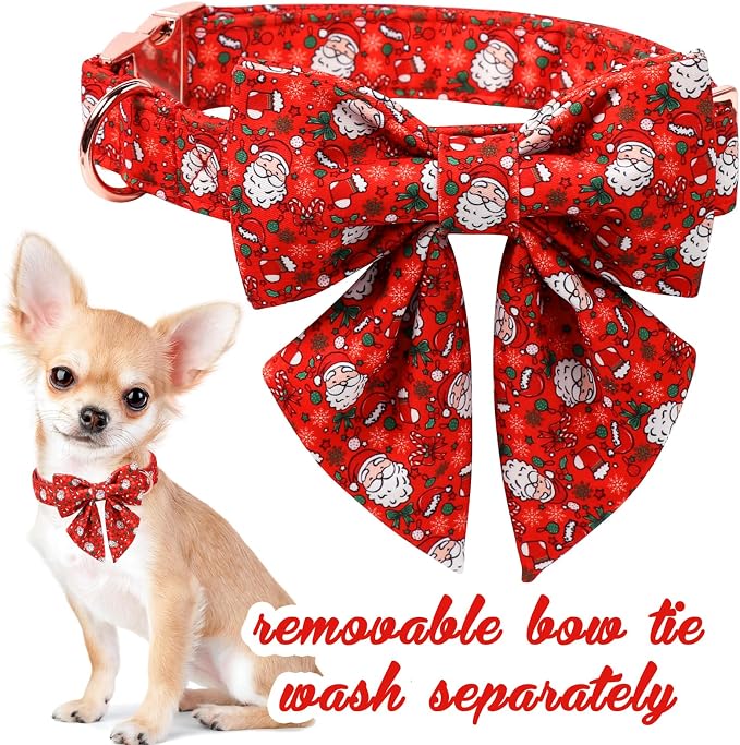 Unique Style Paws Christmas Dog Collar with Bowtie Red Hat Christmas Man Cotton Puppy Collars for Small Medium Large Dogs