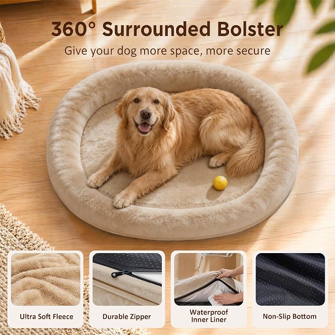 Orthopedic Dog Bed for Extra Large Dogs, XL Waterproof Dog Bed with Bolsters, Supportive Egg Crate Foam Pet Couch Bed with Removable Washable Cover & Non-Slip Bottom, Light Brown