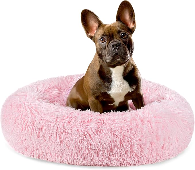 PetAmi Calming Dog Bed for Small & Medium Dogs, Cats & Puppy, Warming Round Donut Cuddler Bed, Anti-Anxiety Fluffy Shaggy Faux Fur Pet Bed, Machine Washable, Non-Slip Bottom, 23 Inch - Pink