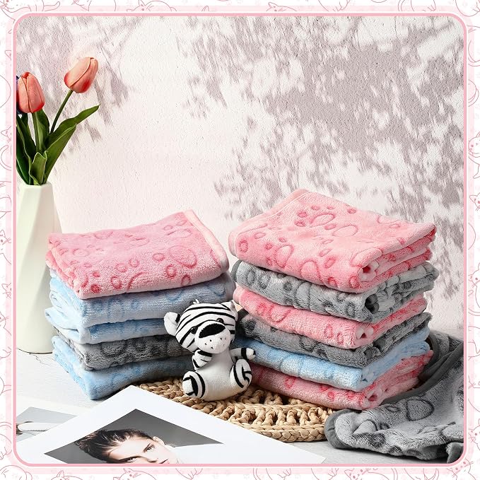 Tegeme 12 Pcs Pet Blankets 23 x 16 Inch Soft Fluffy Fleece Dog Cat Warm Paw Print Pattern Blankets Flannel Throw for Pets Dog Puppy Cat(Multicolor)