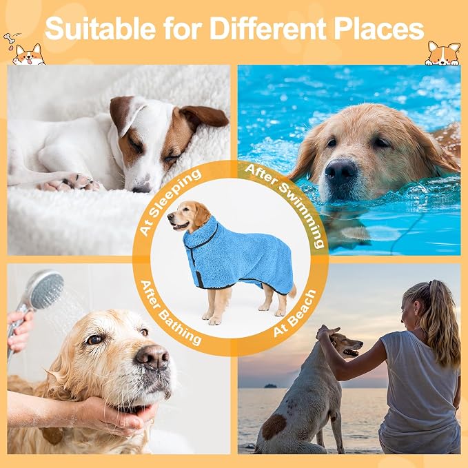 Bienbee Dog Bathrobe, Quick Drying Super Absorbent Pet Robes for Small Medium Large Dogs, Drying Coat for After Bath & Swim, Warm & Cozy Dogs Towels, Dog Puppy Bath Supplies,Light Blue L