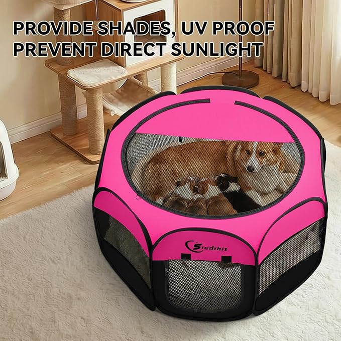 Siedihit Dog Playpen, Medium Puppy Pet Playpen, Dog Crate Tent Cage Indoor/Outdoor, Portable Pop Up Dogs Kennel Playpen with Carrying Case for Dogs/Cats/Rabbits, Hot Pink