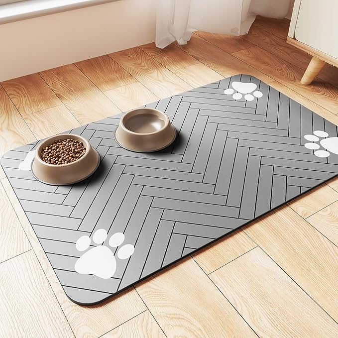 Pet Feeding Mat-Absorbent Pet Placemat for Food and Water Bowl, with Waterproof Rubber Backing, Quick Dry Water Dispenser Mat for Dog and Cat (32"x22", Striped Light Gray)
