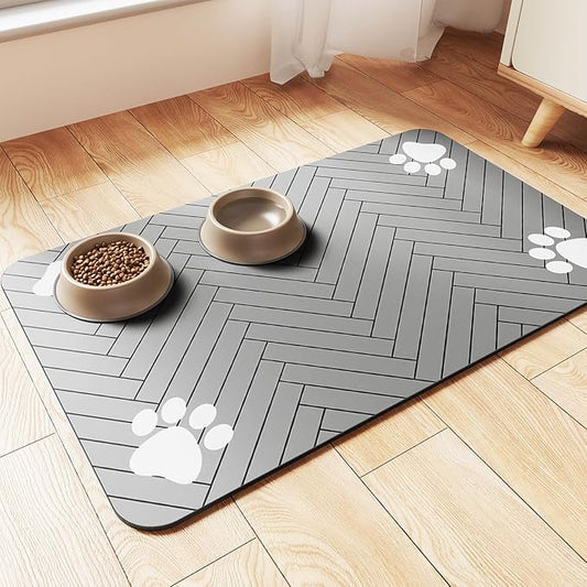 Pet Feeding Mat-Absorbent Pet Placemat for Food and Water Bowl, with Waterproof Rubber Backing, Quick Dry Water Dispenser Mat for Dog and Cat (32"x22", Striped Light Gray)