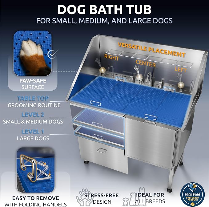KANIS Professional Dog Washing Station 304 Stainless Steel Pet Wash Sink & Grooming Bathtub w/Shower, Floor Grates and Storage for Large, Medium & Small Pets (Silver, 50 Inches, Right Ramp, 1 Drawer)