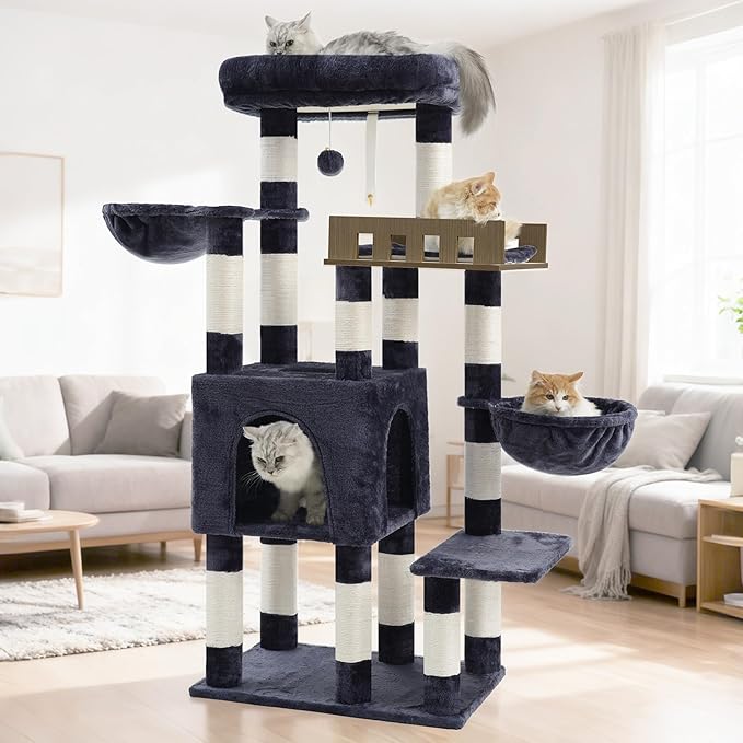 Gitelsnour Cat Tree for Indoor Cats Large Adult, Heavy Duty Cat Tree for Large Cats 20 lbs+, Cat Condo with Big Wooden Perch, Cat Tower with 14 Scratching Posts, Hammock, Smoky Gray GCT023G