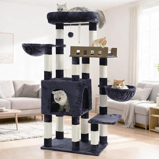 Gitelsnour Cat Tree for Indoor Cats Large Adult, Heavy Duty Cat Tree for Large Cats 20 lbs+, Cat Condo with Big Wooden Perch, Cat Tower with 14 Scratching Posts, Hammock, Smoky Gray GCT023G
