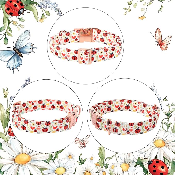 Cute Dog Collar for Medium Dogs - Red Ladybug & Blooms Dog Collars, Adjustable Heavy Duty Pet Collar for Dog Moms & Kids with Metal Buckle M
