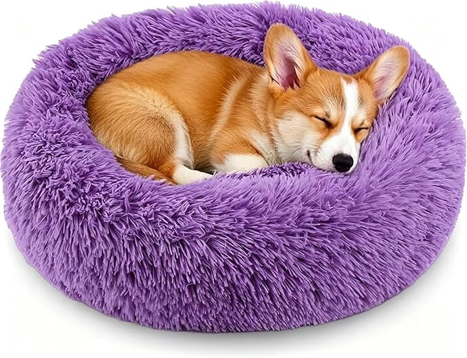 Calming Anti-Anxiety Donuts Dog And Cat Bed, Round Fluffy Soft Washable Small Medium Pet Bed For Puppy And Kitten, Cuddler Warming Comfortable Luxury Anti-Slip Waterproof Mute Base 24in Purple