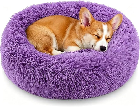 Calming Donut Dog and Cat Bed for Indoor Cats, Anti-Anxiety Round Fluffy Soft Washable Small Pet Bed for Puppy and Kitten, Warming Comfortable Luxury Anti-Slip Waterproof Mute Base 20in Purple
