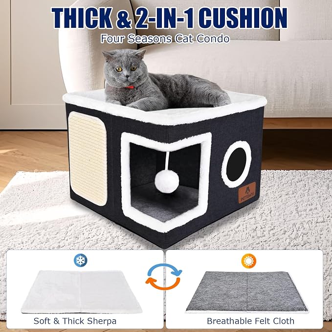 Cat Beds for Indoor Cats, Large Cat Cave Bed with Scratch Pad and Fluffy Ball, Foldable Cat Hideaway, Cat House with Reversible Cushion for Multi Small Pet Up to 30LBS, Dark Grey