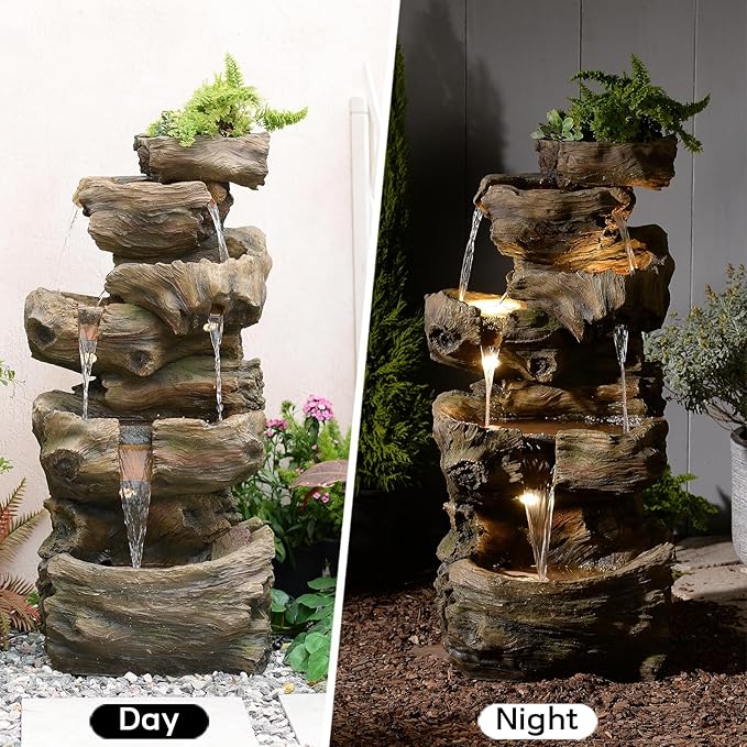Sunlinua 40" H Outdoor Water Fountain with 5 Tiers Large Cascading Realistic Tree Trunk Waterfall Fountains with LED Lights Outdoor Water Fountain for Garden Patio Backyard Porch Home Decor