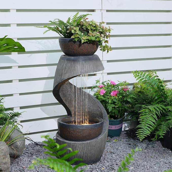 31.9" S-Shaped Outdoor Water Fountain with Lights – Resin Waterfall Fountain Outdoor with Planter Bowl, Modern Grey Garden Water Feature for Patio, Balcony, Yard, Home Decor