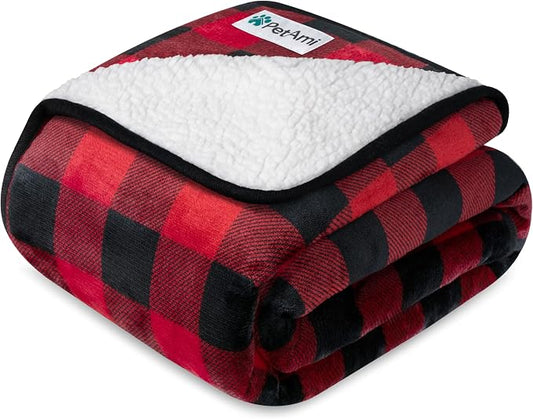 PETAMI Sherpa Fleece Waterproof CAT and Dog Blanket, Checkered RED, X-Large