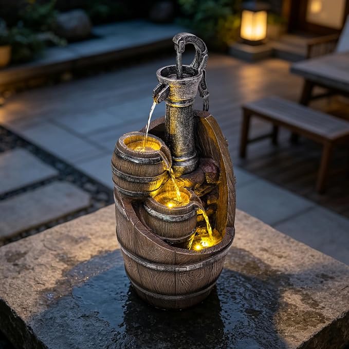 Solarbloom 21.7" H Garden Fountains, Farmhouse Outdoor Water Fountain with LED Lights, Rustic Pump and Barrel, for Patio Garden Backyard Deck Decor
