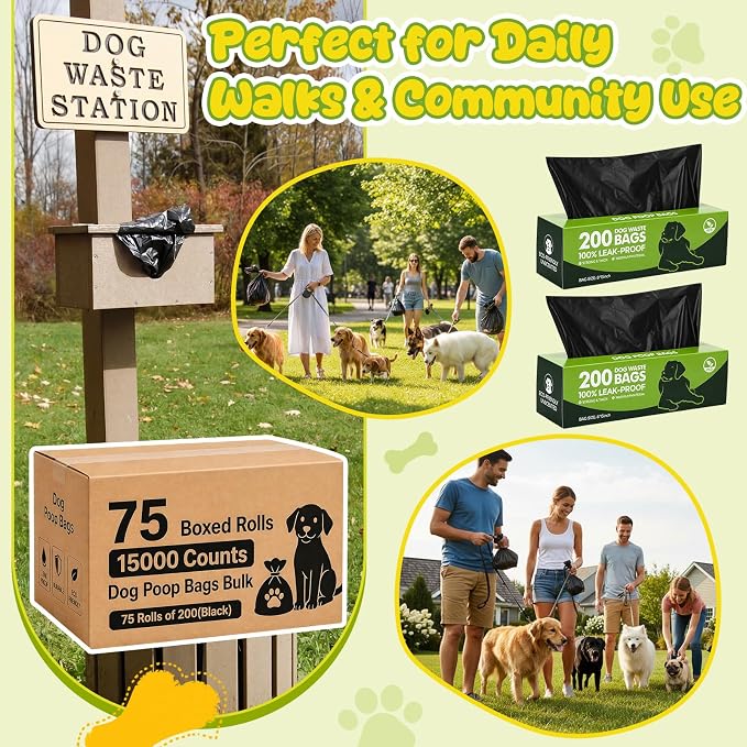 Sherr 75 Rolls 15000 Count Dog Waste Bags Dog Trash Bags Leak Proof Pet Doggie Poop Roll Waste Thick Plastic Bag for Home Park Outdoor Travel Pet Supplies (Black)