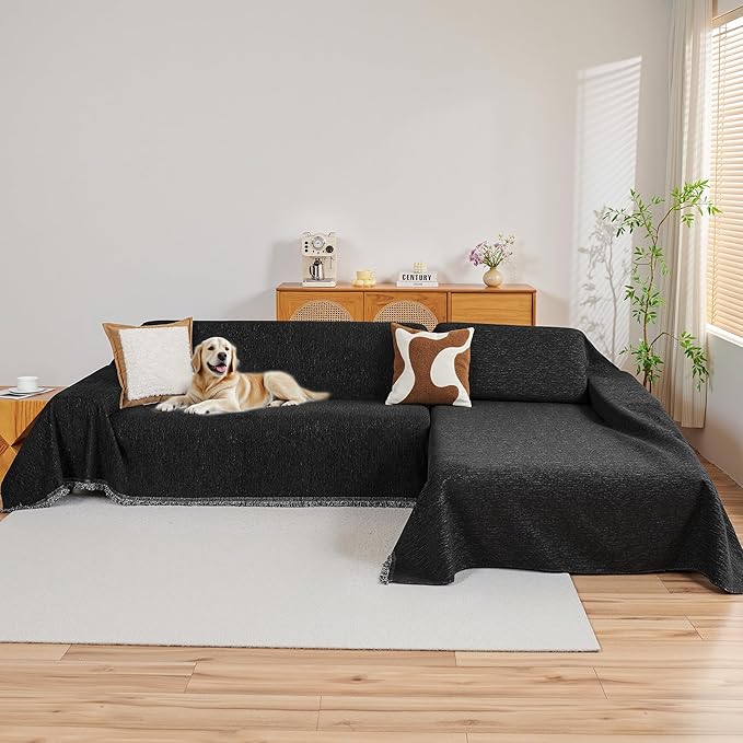 MYSKY HOME Couch Cover for Sectional Sofa, 2 Pieces Chenille Couch Covers for L Shape Sofa Cover, Furniture Protector for Pets, Kids, Sofa Slipcover for 2-3 Cushion Couch (71"x102"+71"x118", Black)