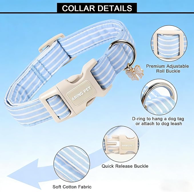 ARING PET Stripe Dog Collar, Cute Spring Summer Blue Stripe Pet Collars with Bow Charm for Puppy Small Medium Large Boy Girl Dogs-S, for Daily Outdoor Walking Training