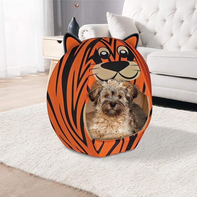 Maccabi Art Tiger Theme Dog Bed - Cute Igloo Style Pet Bet - Fits Small Dogs, Puppies, Cats - Pillow Insert with Plush Lined Interrior, Non-Slip Igloo Design - 16 x 16 x 18