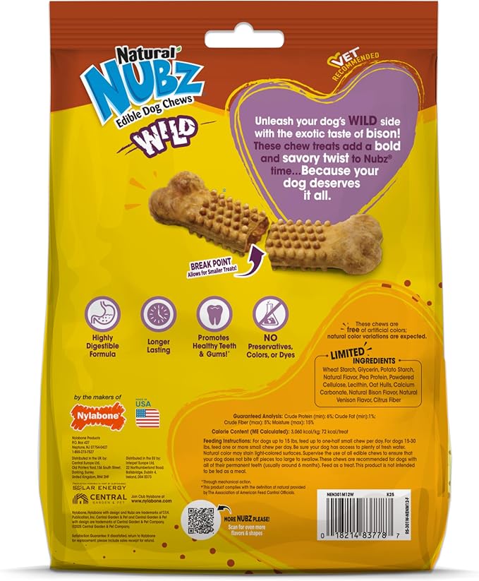 Nylabone Nubz Wild Natural Dog Chew Treats for Small Dogs, Long Lasting Dog Chew Bones Made in USA, Bison Flavor, Small Dog Bones for Dogs Up to 25 lbs. (12 Count)
