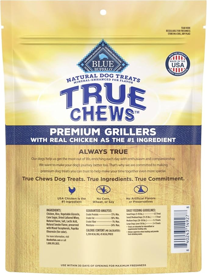 Blue Buffalo True Chews Premium Grillers Dog Treats, Made in the USA with Natural Ingredients, Chicken, 12-oz Bag