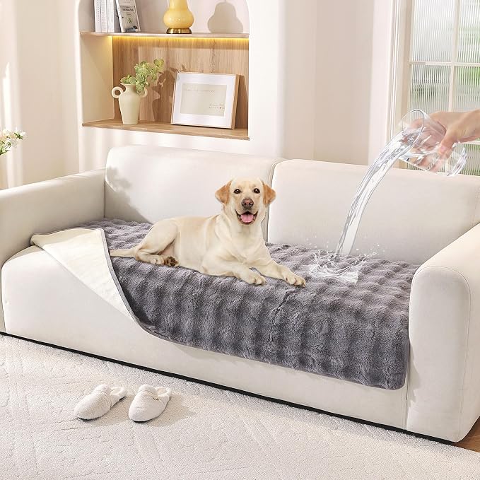 Waterproof Dog Bed Cover Non Slip Couch Covers for Dogs Washable Soft Faux Fur Sofa Cover Couch Covers for 3 Cushion Couch Sofa Pet Friendly (Grey, 24" x 24" 2 Pack)