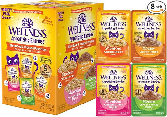 Wellness Appetizing Entrées Shredded and Mousse Variety Pack Adult Wet Cat Food, Natural, Protein Rich, Grain Free, Poultry Recipes, 1.4 oz, Pack of 8 Pouches