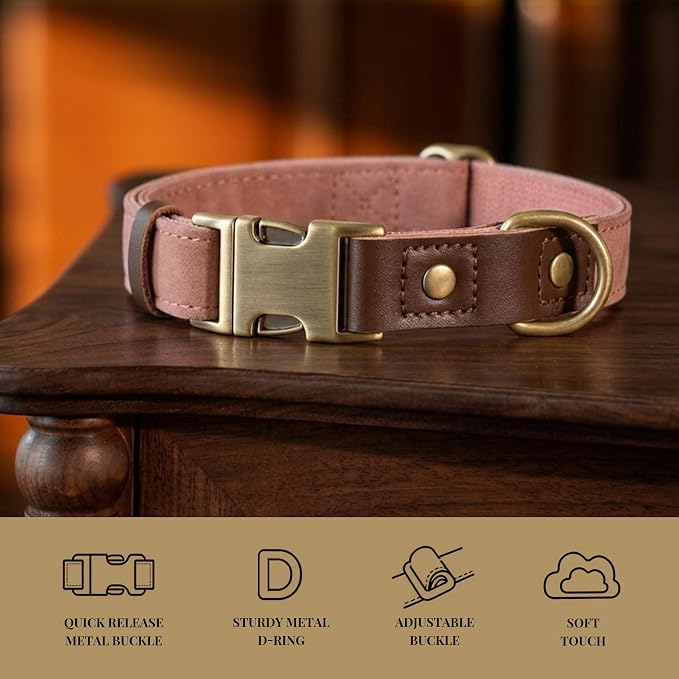 Didog Soft PU Leather Dog Collar for Large Dogs,Classic Adjustable Dog Collars with Quick Release Metal Buckle,Easy Clean and Comfortable with Nylon Lining,Pink,L Neck 16-23"