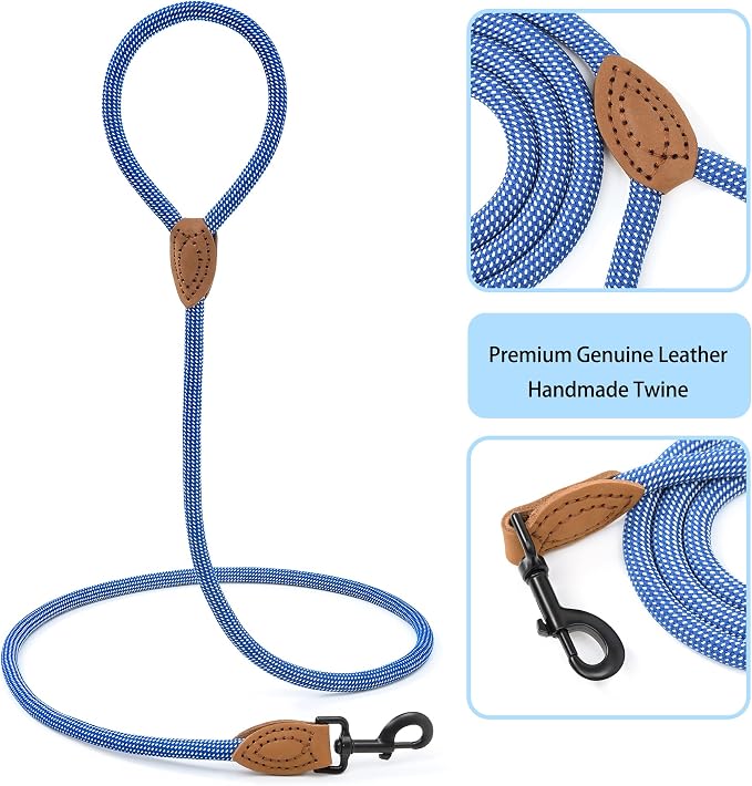 Mile High Life Rope Leash with Genuine Leather Connection, 6 FT/5 FT/4 FT, Heavy Duty Leash for Medium & Large Dogs (Blue White, 60 Inch)
