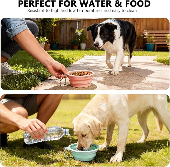 3 Pack Collapsible Dog Bowls,Pet Bowls with Pet Poop Bag Dispenser Set,Portable Silicone Travel Dog Bowls for Walking,Hiking,Camping,Outdoor Travel(Pink&Green)