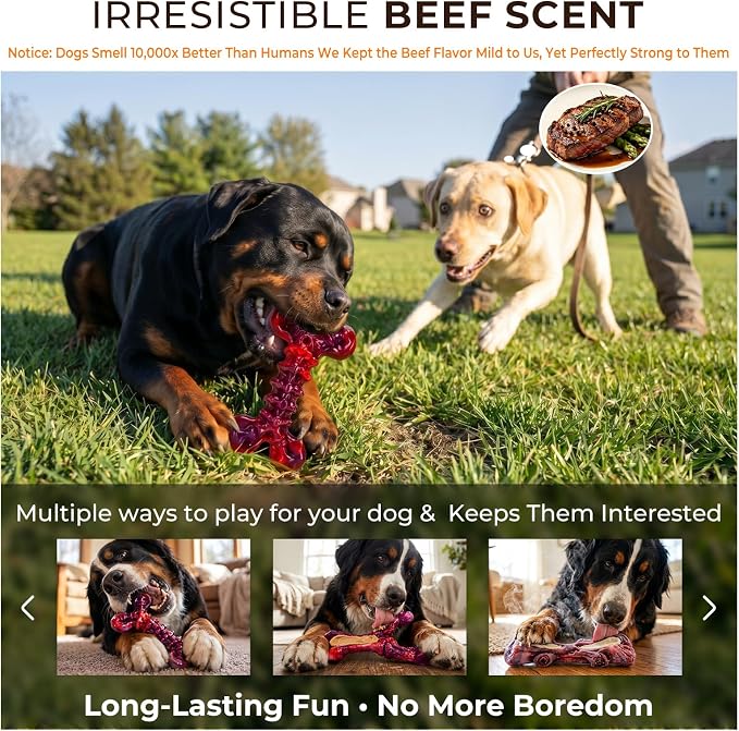 Kseroo 3-Pack Beef Flavored Dog Chew Toys for Aggressive Chewers, Red-XL | Indestructible, Heavy Duty, Rock-Hard Solid Nylon Bones for Medium & Large Dogs 25-90lbs, Tough, Long-Lasting, Keep Them Busy