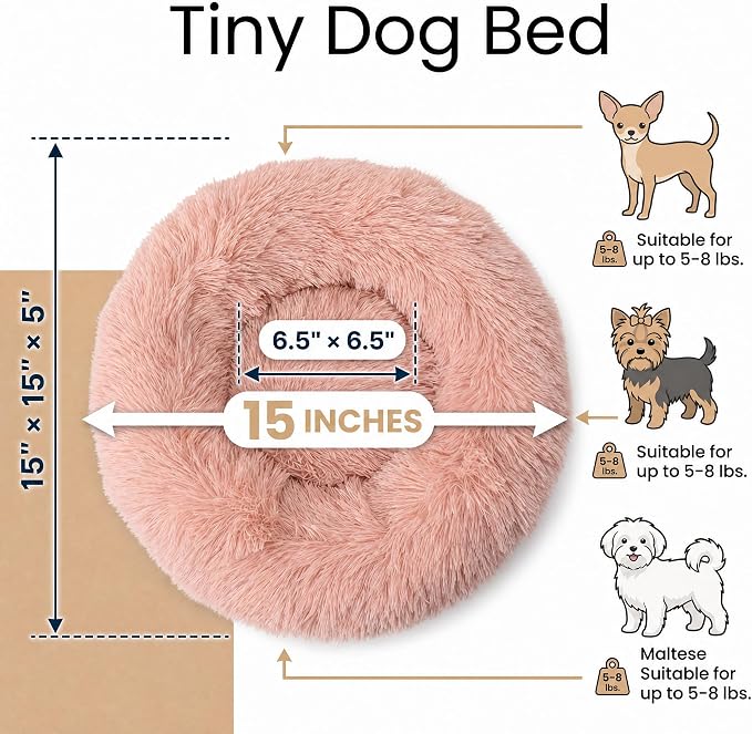 Tiny Dog Bed 15 Inch for Extra Small Dogs,Washable Puppy Bed,Soft Faux Fur Calming Donut Bed for Chihuahua Yorkie Maltese Pomeranian,Pink