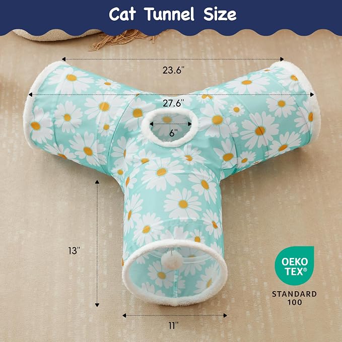 Tempcore Cat Tunnel for Indoor Cats, 3 Way Collapsible Pet Play Tunnel with Teaser Wand, Peek Holes & Hanging Ball, Interactive Tube for Kittens & Rabbits, Daisy Blue Printed