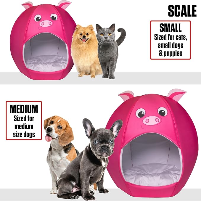 Maccabi Art Pig Theme Dog Bed - Cute Igloo Style Pet Bet - Fits Medium Dogs, Puppies, Cats - Pillow Insert with Plush Lined Interrior, Non-Slip Igloo Design - 25 x 25 x 22