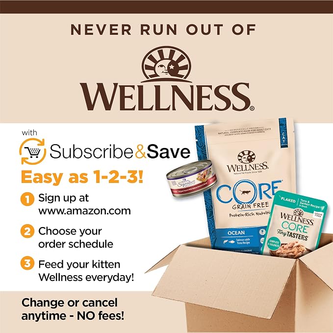 Wellness CORE Tiny Tasters Flaked Adult Wet Cat Food, Natural, Protein Rich, Grain Free, Tuna and Salmon Recipe, 1.75 oz, Pack of 12 Pouches
