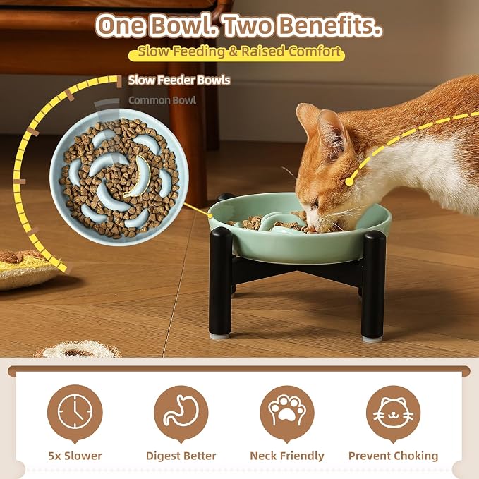 Elevated Slow Feeder Cat Bowl - Ceramic Cat Food Dish with Anti-Slip Stainless Steel Stand - Raised Maze Plate for Slow Eating - Pale Blue