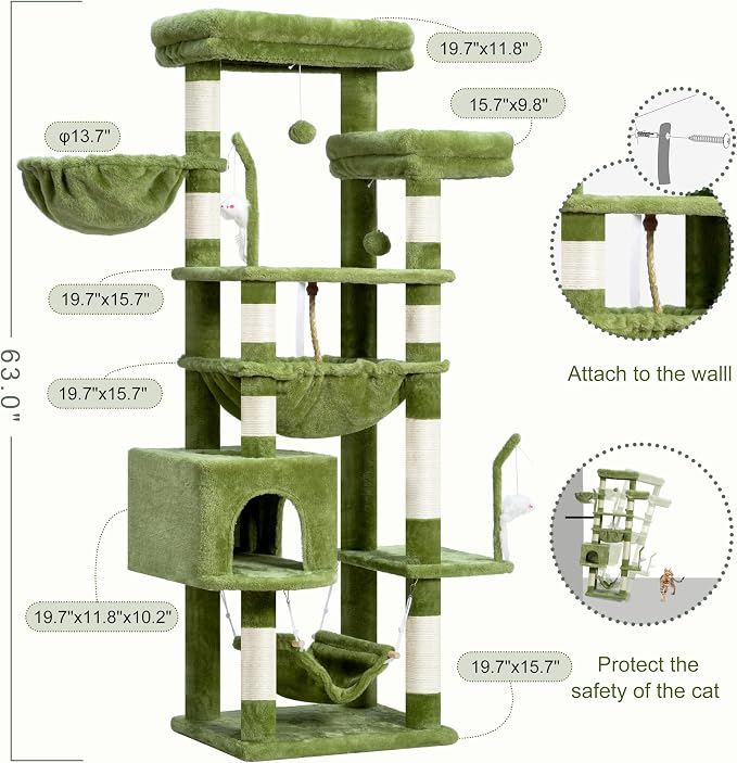 Gitelsnour Cat Tree, Cat Tower for Large Cats with 2 Big Platforms, 2 Baskets, condo and Toys, 63" Cat Scratching Posts for Indoor Cats, Green GCT020GR