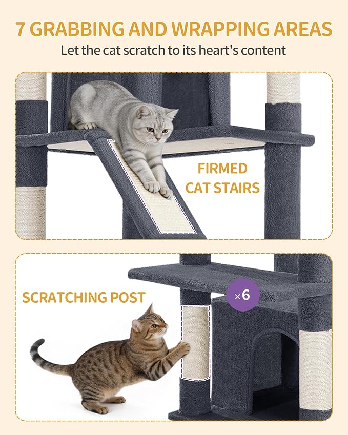 Hzuaneri Large Cat Tree, 72 Inch Tall Indoor Cat Tower for 6 Large Cats, Corner Climbing Activity Pet Condo with 2 Large Platforms/2 Cats House/6 Scratching Post/1 Hanging Basket, Dark Gray MS18318SG