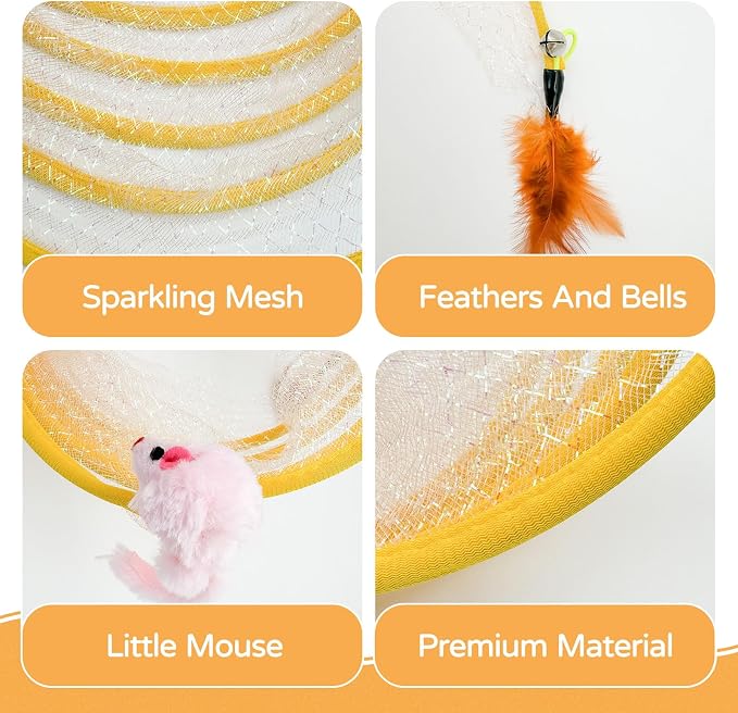 Andiker Spiral Tunnel for Cats, 21.45” Collapsible Cat Tunnel with Feather Toy and Plush Mouse Interactive Cat Toys for Indoor Cats to Relieve Boredom for Kitten (Orange)