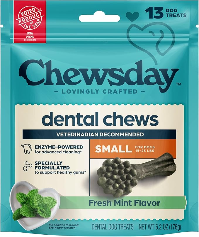 Chewsday Fresh Mint Flavor Dental Chews, Small Dog Treats, Healthier Teeth and Fresher Breath, Enzyme Powered for Advanced Cleaning, Made in the USA, 13 Count